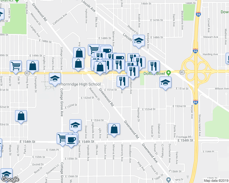 map of restaurants, bars, coffee shops, grocery stores, and more near 15100 Minerva Avenue in Dolton