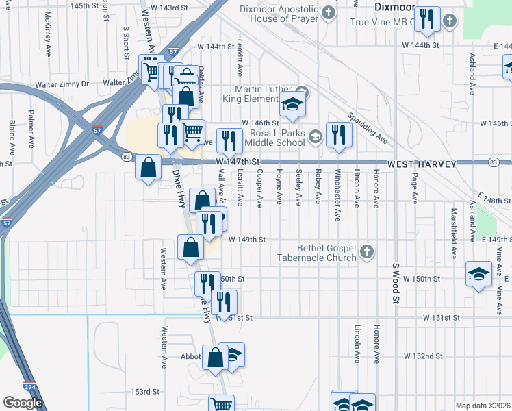 map of restaurants, bars, coffee shops, grocery stores, and more near 14807 Cooper Avenue in Harvey