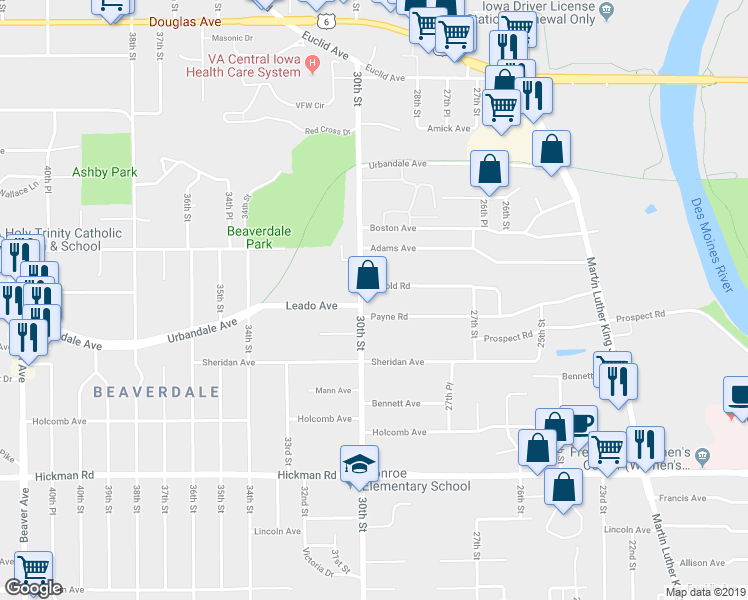 map of restaurants, bars, coffee shops, grocery stores, and more near 2805 30th Street in Des Moines
