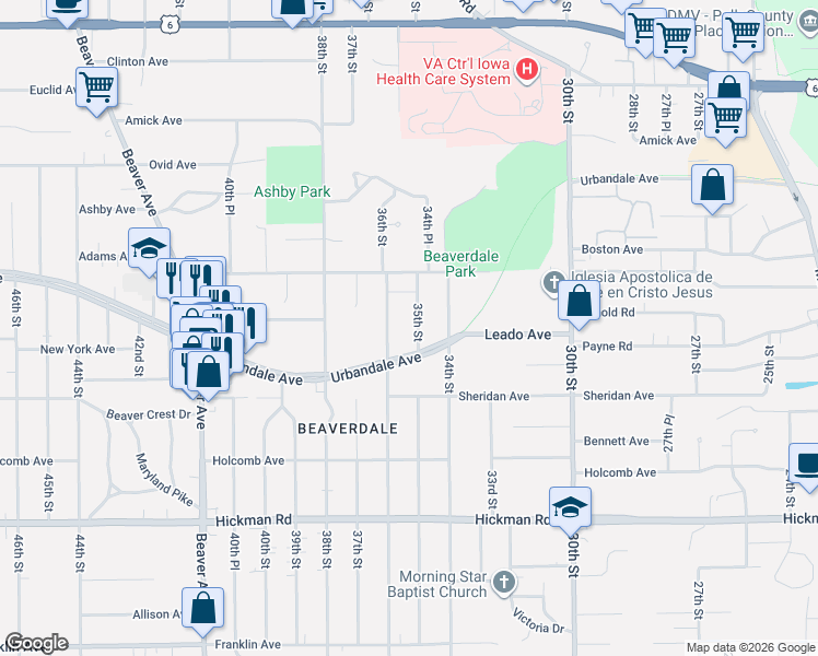 map of restaurants, bars, coffee shops, grocery stores, and more near 2815 35th Street in Des Moines