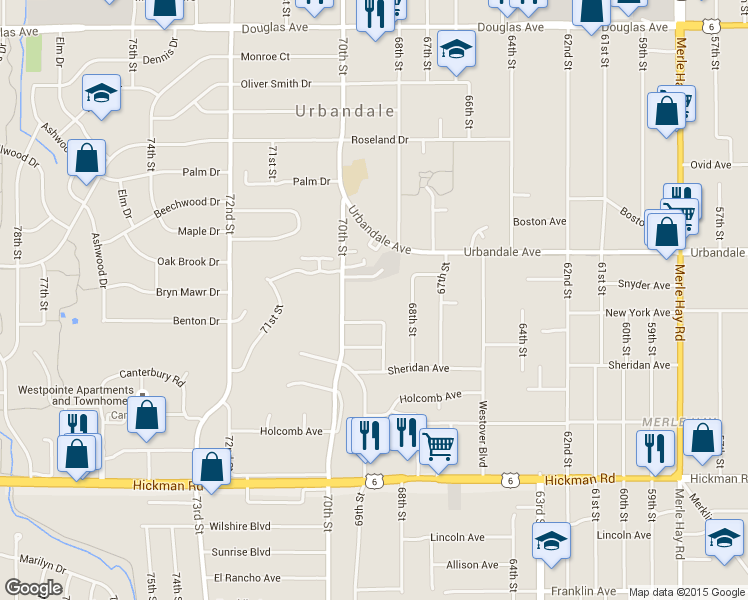 map of restaurants, bars, coffee shops, grocery stores, and more near 2815 70th Street in Urbandale