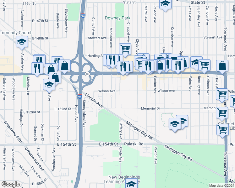 map of restaurants, bars, coffee shops, grocery stores, and more near 15106 Jeffery Avenue in Dolton