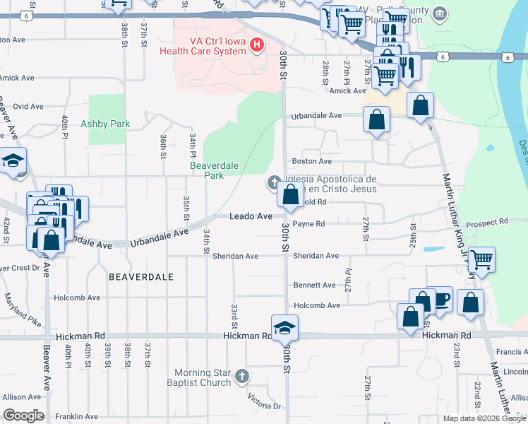 map of restaurants, bars, coffee shops, grocery stores, and more near 3029 Leado Avenue in Des Moines