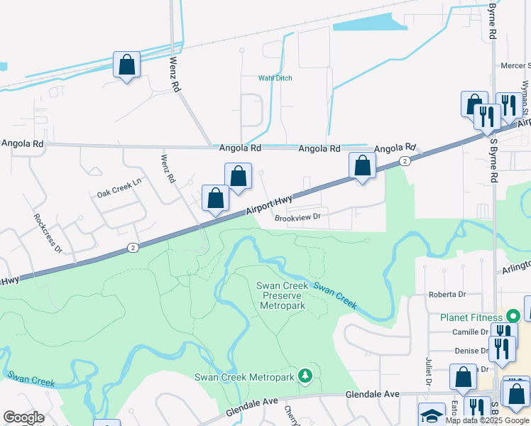 map of restaurants, bars, coffee shops, grocery stores, and more near 1110 Brookview Drive in Toledo