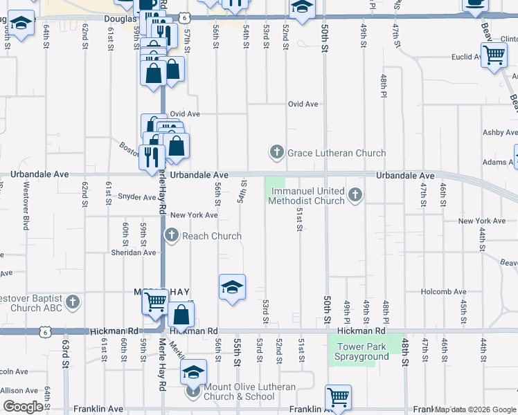 map of restaurants, bars, coffee shops, grocery stores, and more near 2814 53rd Street in Des Moines