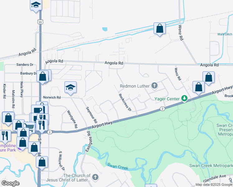 map of restaurants, bars, coffee shops, grocery stores, and more near 1124 Rockcress Drive in Toledo