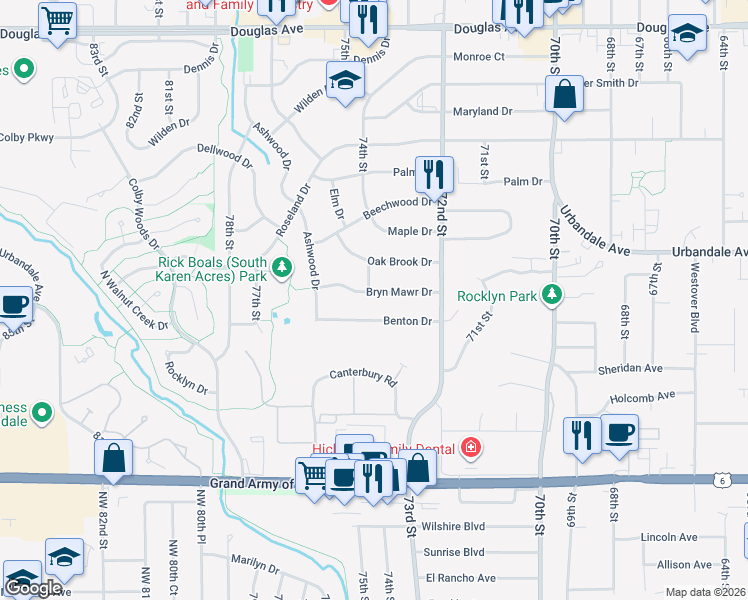 map of restaurants, bars, coffee shops, grocery stores, and more near 7310 Bryn Mawr Drive in Urbandale
