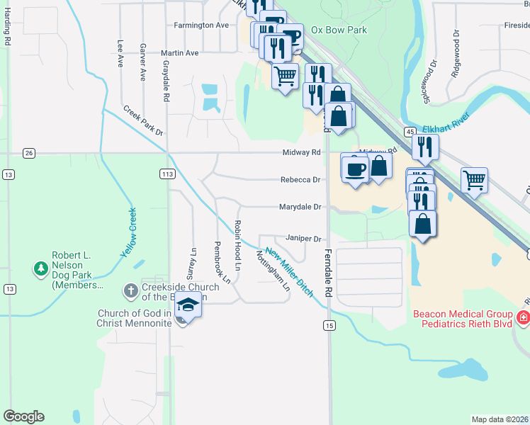 map of restaurants, bars, coffee shops, grocery stores, and more near 23206 Marydale Drive in Elkhart