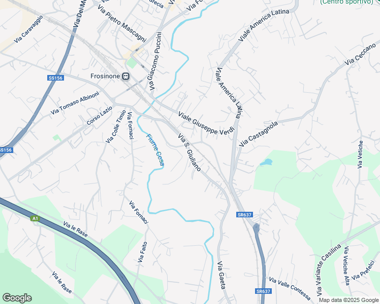 map of restaurants, bars, coffee shops, grocery stores, and more near Via San Giuliano in Frosinone