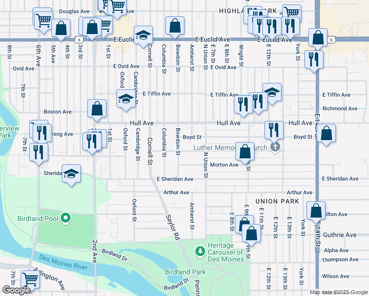 map of restaurants, bars, coffee shops, grocery stores, and more near 508 Grandview Avenue in Des Moines