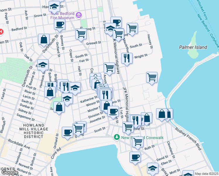 map of restaurants, bars, coffee shops, grocery stores, and more near 80 Rivet Street in New Bedford