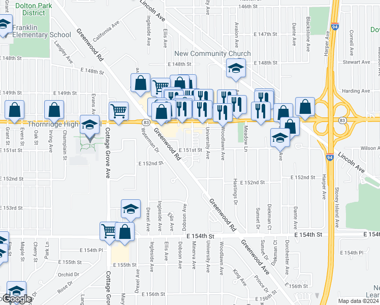 map of restaurants, bars, coffee shops, grocery stores, and more near 15100 Minerva Avenue in Dolton