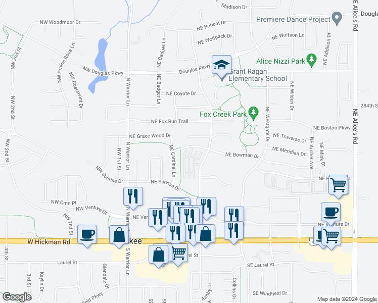 map of restaurants, bars, coffee shops, grocery stores, and more near 386 Northeast Sandalwood in Waukee