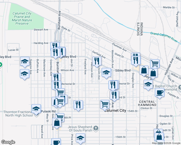 map of restaurants, bars, coffee shops, grocery stores, and more near 534 Harrison Avenue in Calumet City