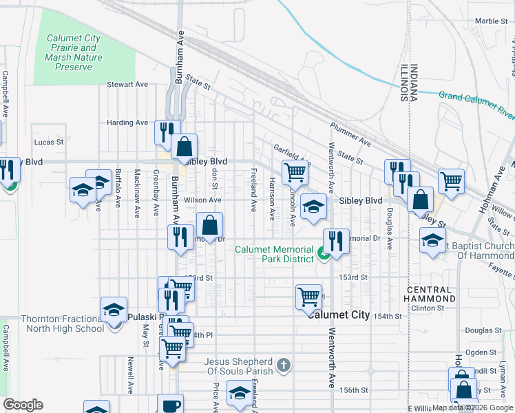 map of restaurants, bars, coffee shops, grocery stores, and more near 535 Freeland Avenue in Calumet City