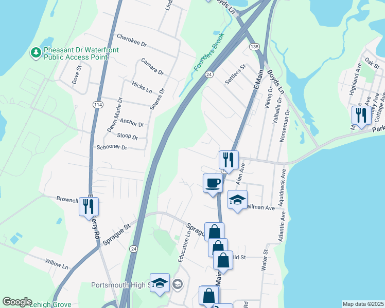 map of restaurants, bars, coffee shops, grocery stores, and more near 68 Bourbon Street in Portsmouth