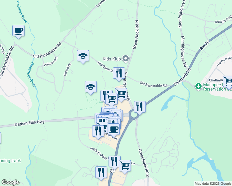 map of restaurants, bars, coffee shops, grocery stores, and more near Ryan's Way in Mashpee