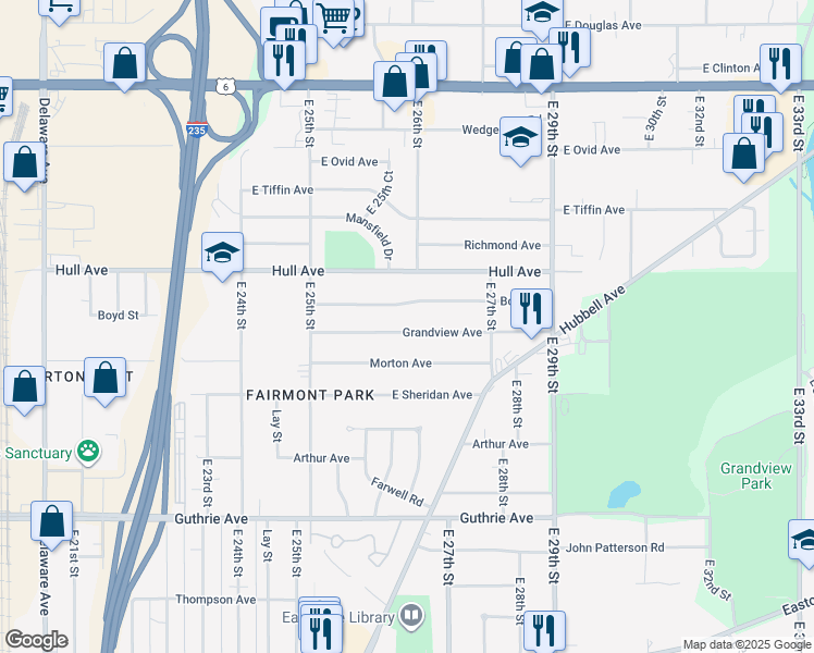 map of restaurants, bars, coffee shops, grocery stores, and more near 2612 Grandview Avenue in Des Moines