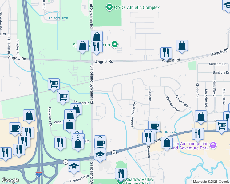 map of restaurants, bars, coffee shops, grocery stores, and more near 5842 Firethorne Drive in Toledo