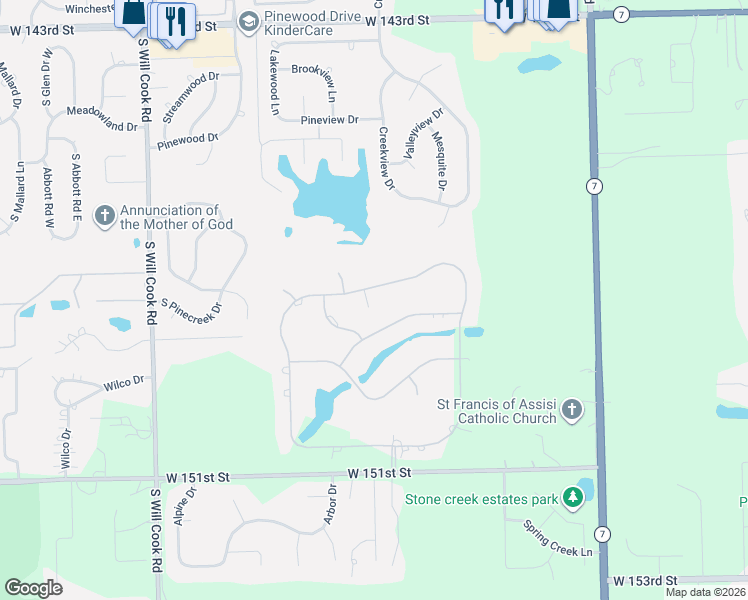 map of restaurants, bars, coffee shops, grocery stores, and more near 149 Silo Ridge Road East in Orland Park
