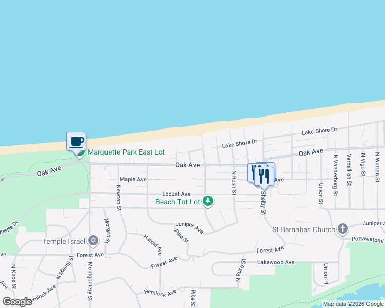 map of restaurants, bars, coffee shops, grocery stores, and more near 1127 Putnam St in Gary