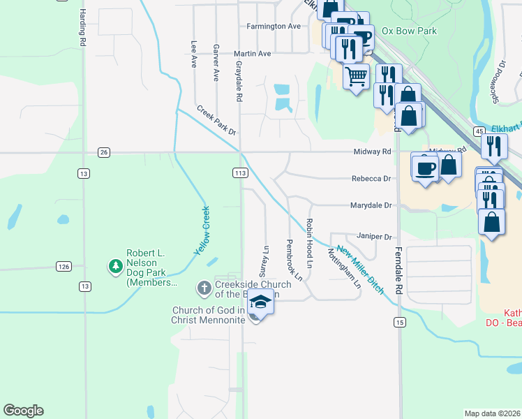 map of restaurants, bars, coffee shops, grocery stores, and more near 60179 Surrey Lane in Elkhart