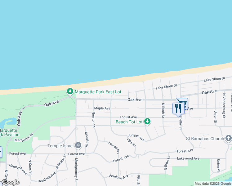 map of restaurants, bars, coffee shops, grocery stores, and more near 7625 Lake Shore Drive in Gary