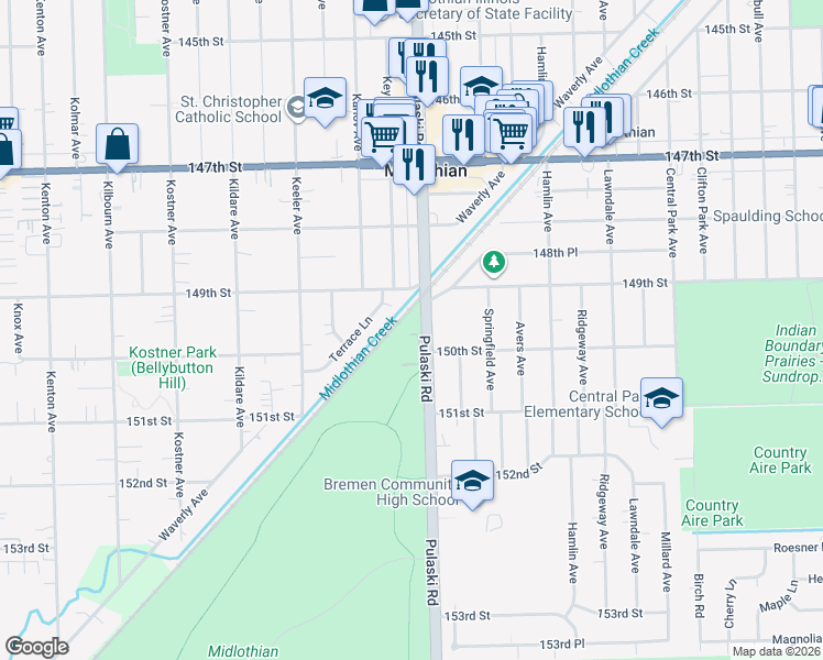 map of restaurants, bars, coffee shops, grocery stores, and more near 14945 Pulaski Road in Midlothian
