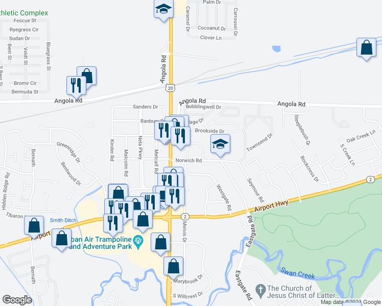 map of restaurants, bars, coffee shops, grocery stores, and more near 5148 Norwich Road in Toledo