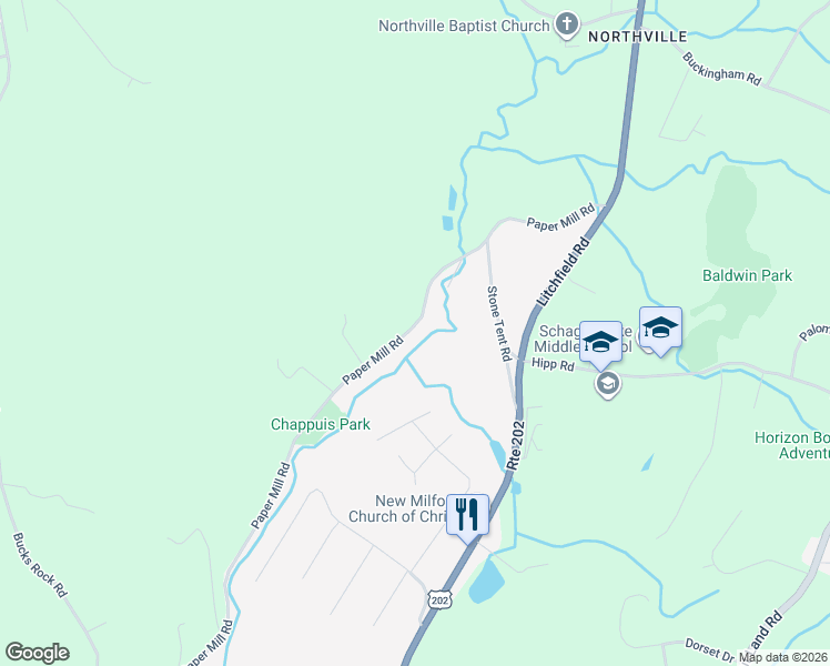 map of restaurants, bars, coffee shops, grocery stores, and more near 127 Paper Mill Road in New Milford