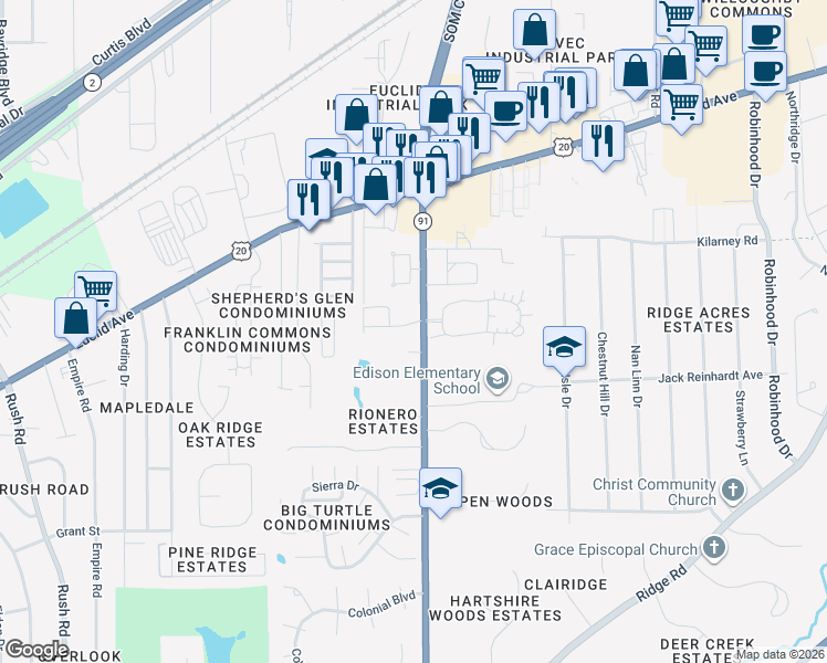 map of restaurants, bars, coffee shops, grocery stores, and more near 5230 Som Center Road in Willoughby