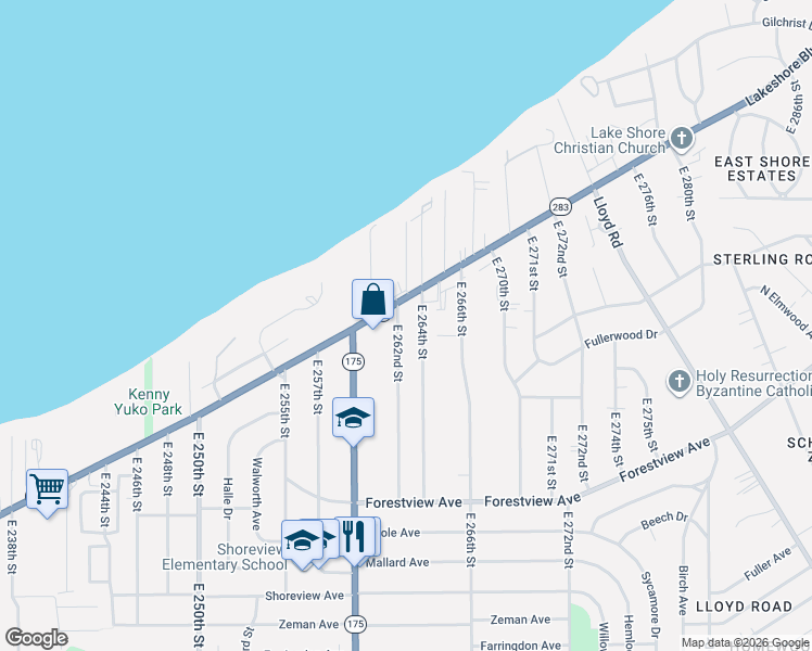 map of restaurants, bars, coffee shops, grocery stores, and more near 251 East 262nd Street in Euclid