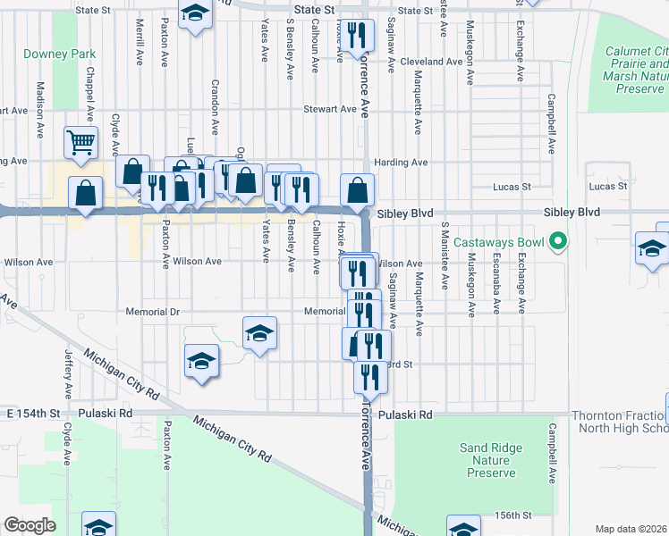 map of restaurants, bars, coffee shops, grocery stores, and more near 535 Calhoun Avenue in Calumet City