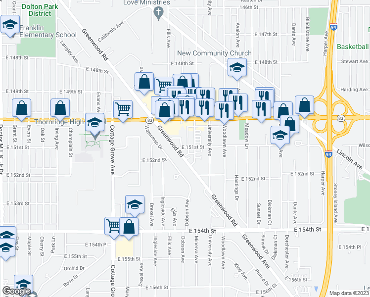 map of restaurants, bars, coffee shops, grocery stores, and more near 15100 Minerva Avenue in Dolton