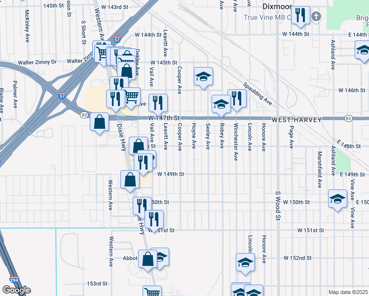map of restaurants, bars, coffee shops, grocery stores, and more near 14807 Cooper Avenue in Harvey