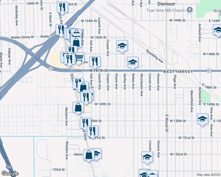 map of restaurants, bars, coffee shops, grocery stores, and more near 14807 Cooper Avenue in Harvey