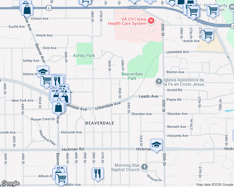 map of restaurants, bars, coffee shops, grocery stores, and more near 2815 35th Street in Des Moines
