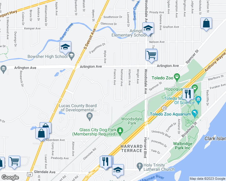 map of restaurants, bars, coffee shops, grocery stores, and more near 1028 Francis Avenue in Toledo