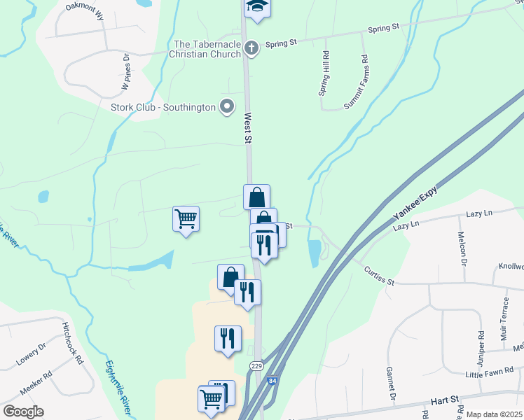 map of restaurants, bars, coffee shops, grocery stores, and more near 1193 West Street in Southington