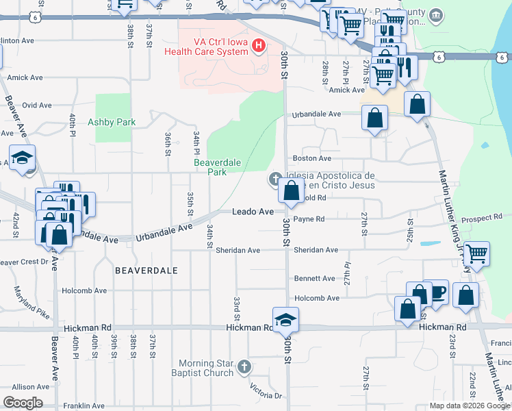 map of restaurants, bars, coffee shops, grocery stores, and more near 3029 Leado Avenue in Des Moines