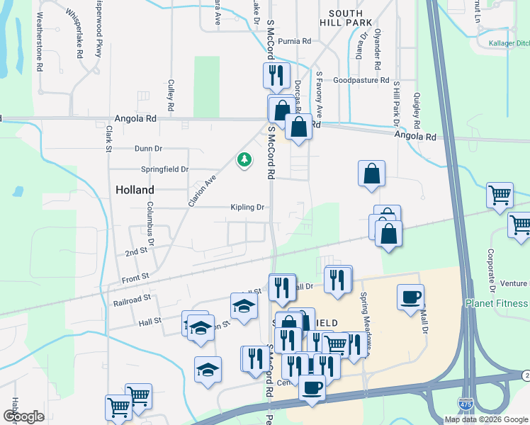 map of restaurants, bars, coffee shops, grocery stores, and more near 1133 South McCord Road in Holland