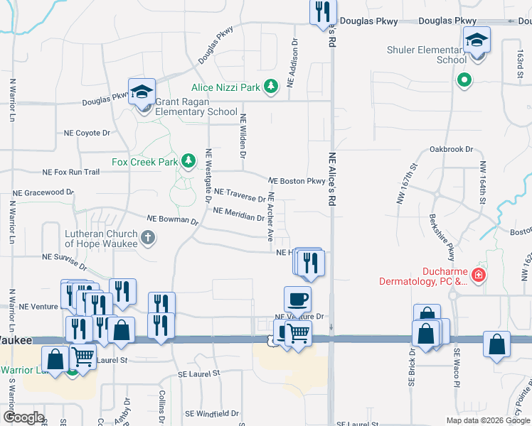 map of restaurants, bars, coffee shops, grocery stores, and more near 805 Northeast Meridian Drive in Waukee