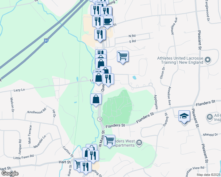 map of restaurants, bars, coffee shops, grocery stores, and more near 151 Queen Street in Southington