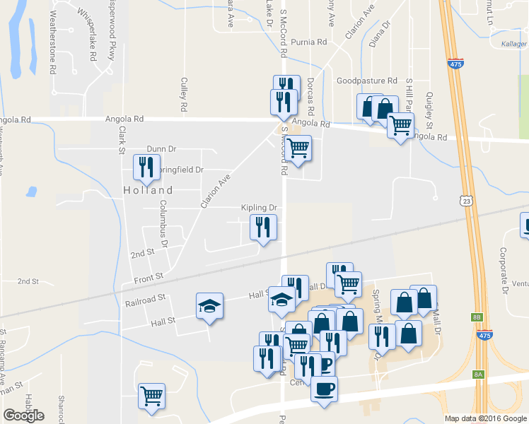 map of restaurants, bars, coffee shops, grocery stores, and more near 6829 Kipling Drive in Holland