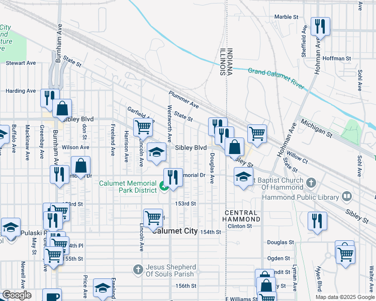 map of restaurants, bars, coffee shops, grocery stores, and more near 538 Forsythe Avenue in Calumet City