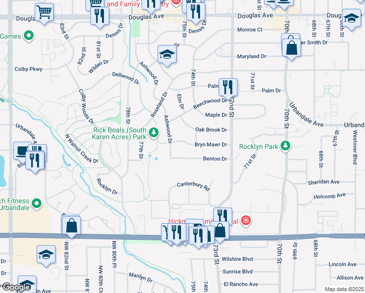 map of restaurants, bars, coffee shops, grocery stores, and more near 7412 Bryn Mawr Dr in Urbandale