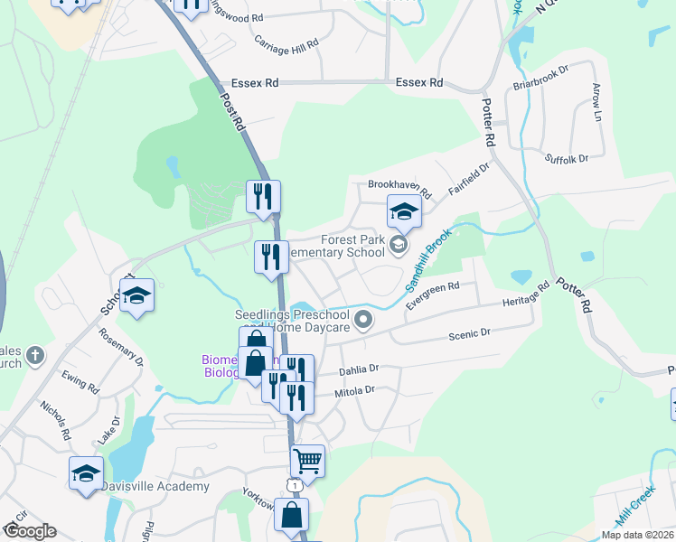 map of restaurants, bars, coffee shops, grocery stores, and more near 60 Forest Park Drive in North Kingstown