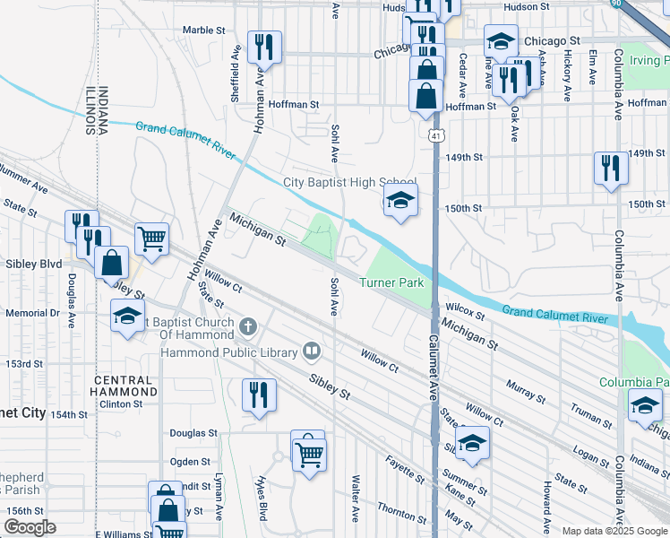 map of restaurants, bars, coffee shops, grocery stores, and more near 600 Michigan Street in Hammond