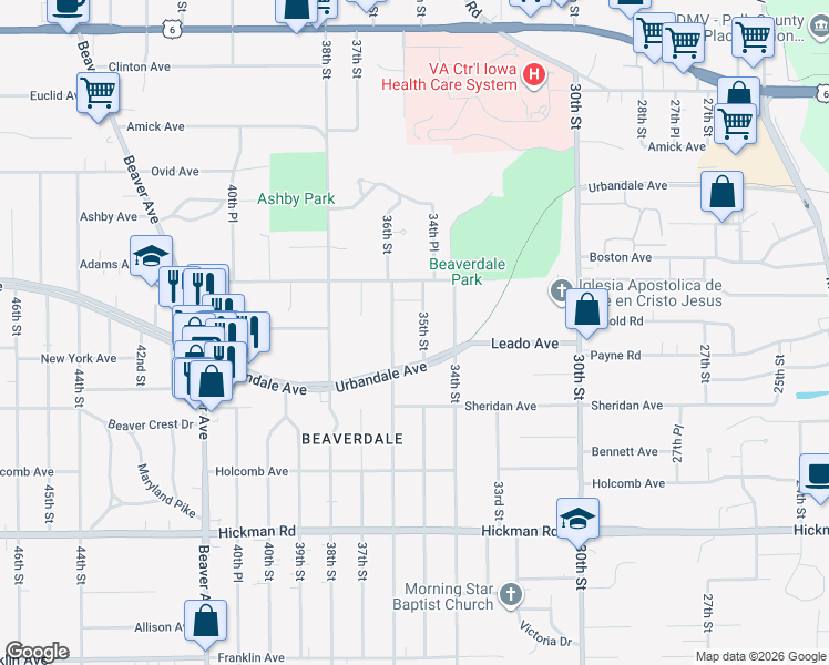 map of restaurants, bars, coffee shops, grocery stores, and more near 2815 35th Street in Des Moines