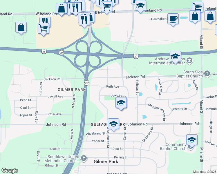 map of restaurants, bars, coffee shops, grocery stores, and more near 19600-19670 Ruth Ave in South Bend